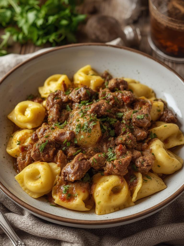 Garlic Steak Tortellini served