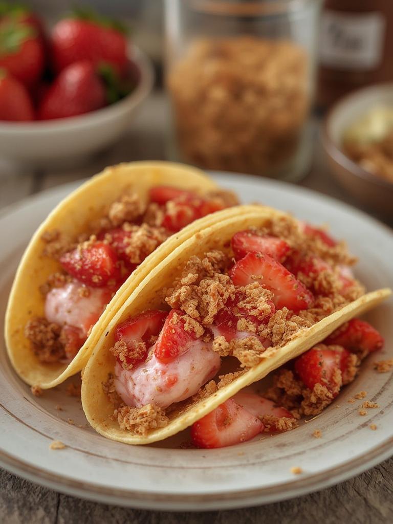Strawberry Crunch Cheesecake Tacos served