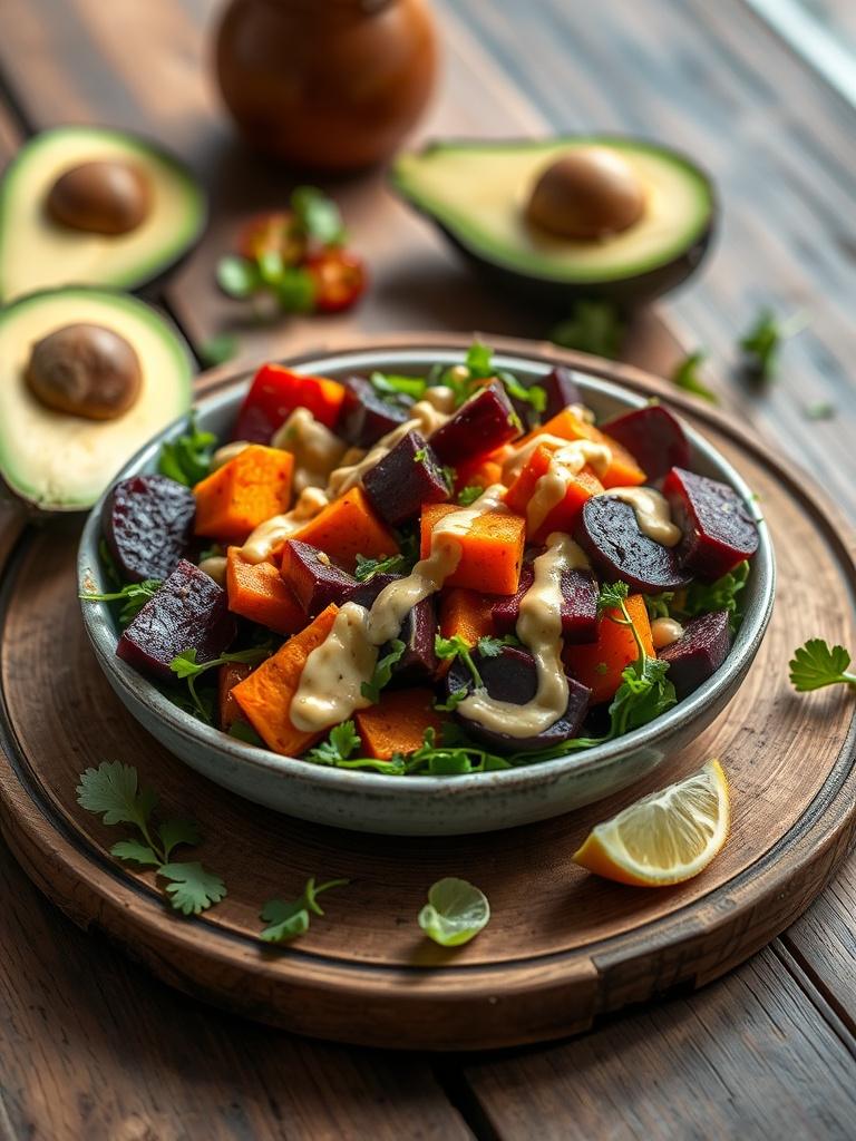Roasted Beet, Sweet Potato & Avocado Salad with Whipped Ricotta & Lemon-Tahini Drizzle